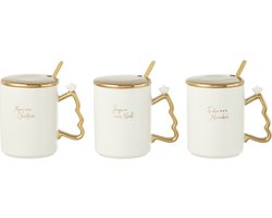 J-Line kop + lepeltje Kerst - keramiek - wit/goud - 3 stuks