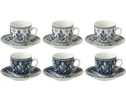 J-Line kop + schoteltje Bladeren - keramiek - donkerblauw/wit - doos van 6
