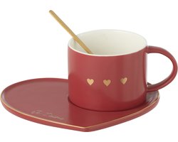 J-Line kop + schoteltje + lepel 3 Hart - keramiek - rood
