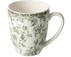 J-Line kopje Bloemen - keramiek - donkergroen/wit - 6 stuks
