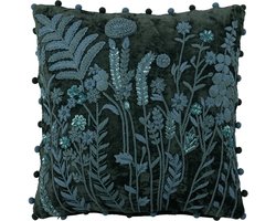 J-Line kussen Bladeren + Bloemen Vierkant - viscose - donkergroen/turquoise