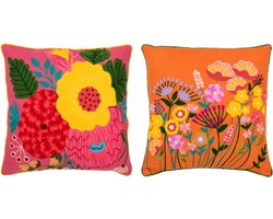 J-Line kussen Bloemen Geborduurd - katoen/polyester - oranje/roze - 2 stuks
