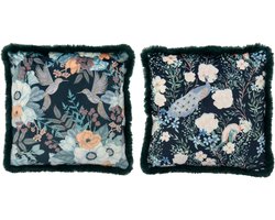 J-Line kussen Bloemen + Vogels - polyester - donkergroen - 2 stuks