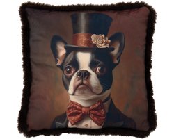 J-Line kussen Bulldog + Hoed - polyester - bruin