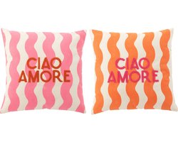 J-Line kussen Ciao Amore - katoen - roze/oranje - 2 stuks