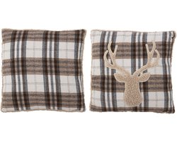J-Line kussen Geruit + Rendier - polyester - beige/donkerbruin - 2 stuks