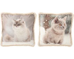 J-Line kussen Kat - polyresin - grijs/wit - large - 2 stuks