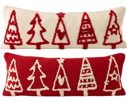 J-Line kussen Kerstbomen - polyester - kerstrood/wit - 2 stuks