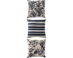 J-Line kussen Koraal/Strepen Vierkant - polyester - blauw/wit - set van 3