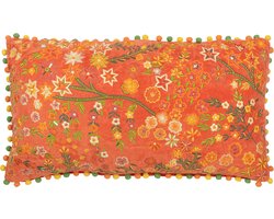 J-Line kussen Rechthoek Bloemen + Pompoms - fluweel - oranje