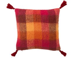J-Line kussen Ruitjes + Kwastjes - textiel - oranje/bordeaux