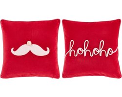 J-Line kussen Santa Mustache/Hohoho - katoen - kerstrood/wit - 2 stuks