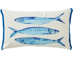 J-Line kussen Sardienen - katoen - wit/blauw