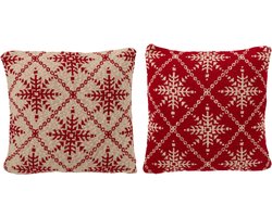 J-Line kussen Sneeuwvlokken - katoen - kerstrood/wit - 2 stuks