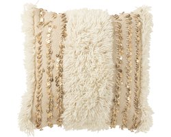 J-Line kussen Vierkant Lijnen Pailetten - wol/katoen - creme/goud