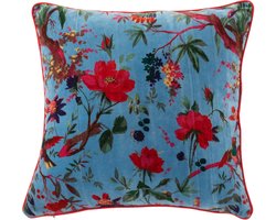 J-Line kussen Vogels Bloemen - katoen/fluweel - blauw