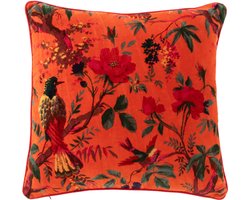 J-Line kussen Vogels Bloemen - katoen/fluweel - oranje