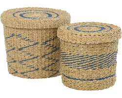 J-Line mand + deksel Gestreept - ijzer/papier - blauw/naturel - set van 2