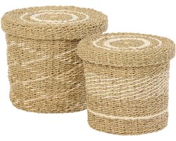 J-Line mand + deksel Gestreept - ijzer/papier - wit/naturel - set van 2