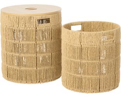 J-Line mand + deksel Rond - ijzer/papier - naturel - set van 2