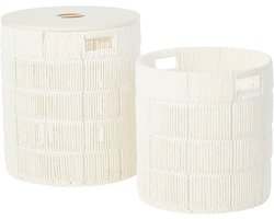 J-Line mand + deksel Rond - ijzer/papier - wit - set van 2