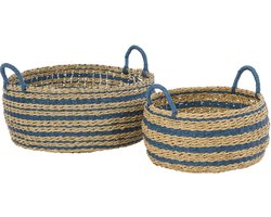 J-Line mand Gestreept - ijzer/papier - blauw/naturel - set van 2