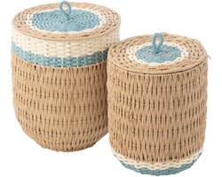 J-Line mand met deksel Gestreept - papier - naturel/lichtblauw - set van 2