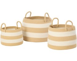 J-Line mand met handvat Rond Gestreept - polyester - naturel/wit - set van 3