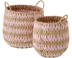 J-Line mand met handvatten Gestreept - papier - naturel/lichtroze - set van 2
