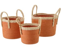 J-Line mand met handvatten - papier - naturel/donkeroranje - set van 3