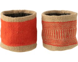J-Line mand Rond Met Handvaten - jute - naturel/oranje - 2 stuks