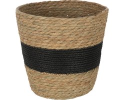 J-Line mand Rond Met Streep + Handvat - riet - naturel/zwart