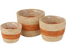 J-Line mand Streep - textiel - naturel/oranje - set van 3