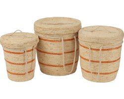 J-Line mand Strepen + Deksel - textiel - naturel/oranje - set van 3