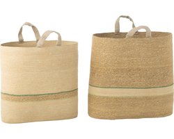 J-Line mand strepen + handvat - naturel/groen - 2 stuks