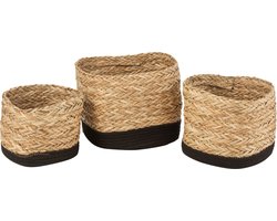 J-Line mand Vierkant - gras/katoen - naturel/zwart - set van 3