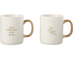 J-Line mok Bericht Bonheur - porselein - wit/goud - 2 stuks