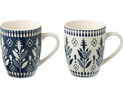 J-Line mok Bladeren - keramiek - blauw/wit - doos van 2
