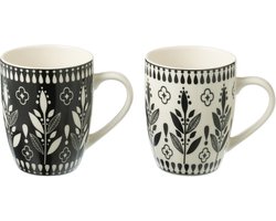 J-Line mok Bladeren - keramiek - zwart/wit - doos van 2