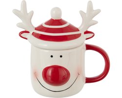 J-Line mok + deksel Rendier Dolomiet - keramiek - rood/wit