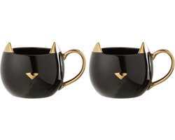 J-Line mok Kat - porselein - zwart/goud - giftbox van 2 stuks