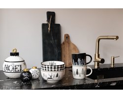 J-Line mok Kerstmis Dolomiet - keramiek - wit/zwart - 2 stuks
