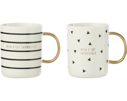 J-Line mok + lepeltje Horizontale Lijnen/Driehoek - keramiek - wit/bruin - 2 st.