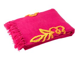 J-Line plaid Bloemen - katoen - roze/oranje/geel - 130 x 180 cm