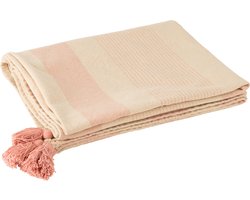 J-Line Plaid - deken - katoen - wit & roze - 130 x 180 cm - woonaccessoires