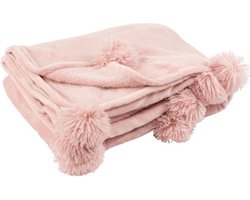 J-Line Plaid Pompom - fleece deken - polyester - babyroze - 170 x 130 cm - woonaccessoires