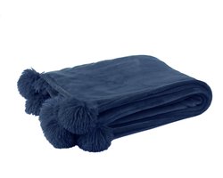 J-Line Plaid Pompom - fleece deken - polyester - blauw - 170 x 130 cm - woonaccessoires