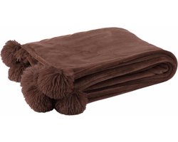 J-Line Plaid Pompom - fleece deken - polyester - bruin - 170 x 130 cm - woonaccessoires