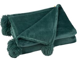 J-Line Plaid Pompom - fleece deken - polyester - donkergroen - 170 x 130 cm - woonaccessoires