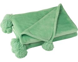 J-Line Plaid Pompom - fleece deken - polyester - felgroen - 170 x 130 cm - woonaccessoires